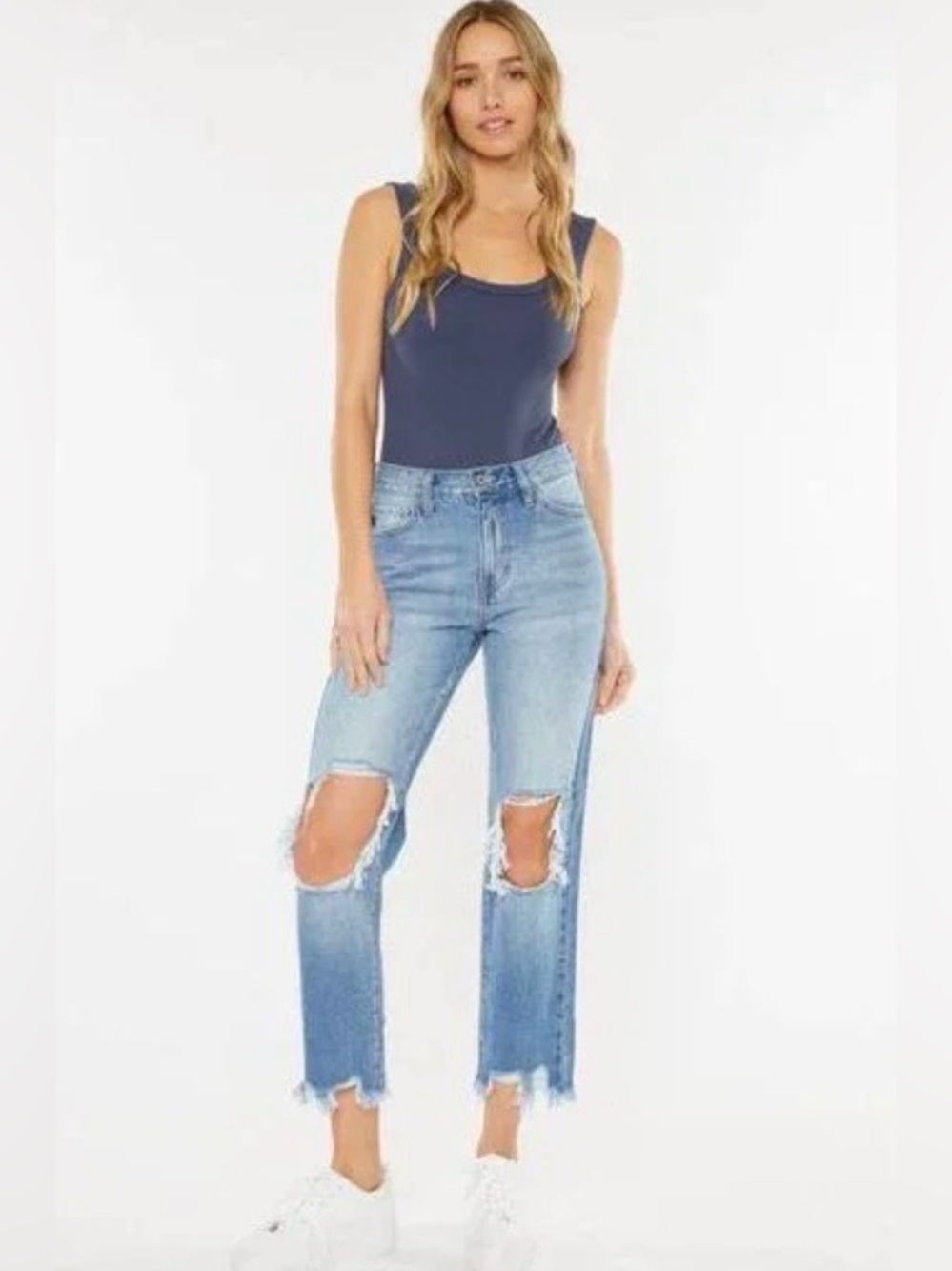 KanKan High Waist Chewed Up Straight Mom Jeans Size: 29